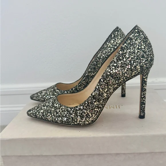 Jimmy Choo Black and Silver Glitter Pointed Toe Stilettos - Picture 1 of 8